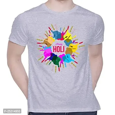 Trendy Grey Cotton Blend Printed Round Neck Tees For Men