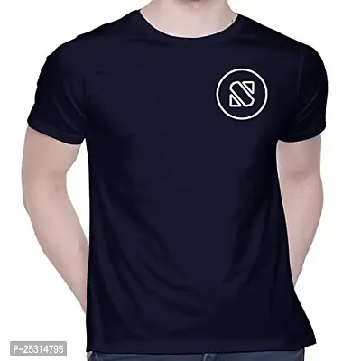 Trendy Navy Blue Cotton Blend Printed Round Neck Tees For Men