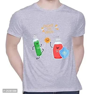 Trendy Grey Cotton Blend Printed Round Neck Tees For Men