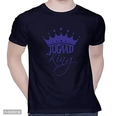 Trendy Navy Blue Cotton Blend Printed Round Neck Tees For Men