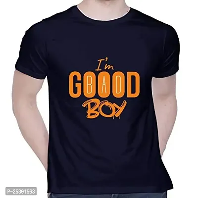 Trendy Navy Blue Cotton Blend Printed Round Neck Tees For Men