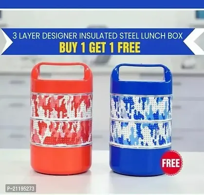 Handheld Leak Proof 3 Tier Printed Plastic And Stainless Steel Vacuum Insulated Thermal Lunch Box Picnic Food Container Office Picnic School Hot Tiffin Box Breakfast Dinner Box With Handle(Pack Of 2)-thumb0