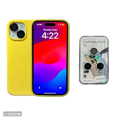 Compatible for Apple iPhone 15 Case 6.1 Silicone Back Cover and Lense Cover Combo, Slim 3 Layer Silicone Protective Cover, Full Back Coverage, Soft Rubber with lense Cover Set. (Yellow)