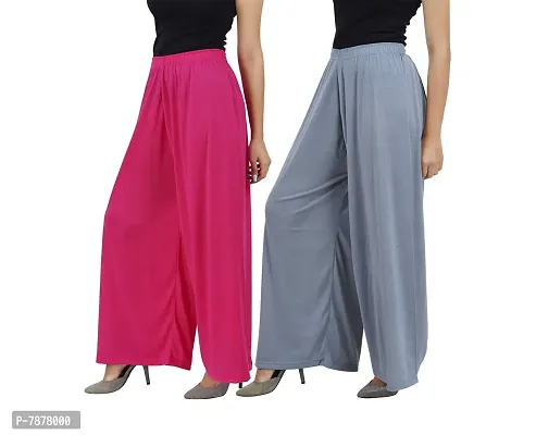 Buy That trendz Womens M to 6XL Cotton Viscose Loose Fit Flared Wide Leg Palazzo Pants for Rani Pink Grey 2 Pack Combo Medium-thumb2
