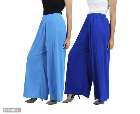 Buy That trendz Womens M to 6XL Cotton Viscose Loose Fit Flared Wide Leg Palazzo Pants for Turquoise Royal Blue 2 Pack Combo XX-Large-thumb2