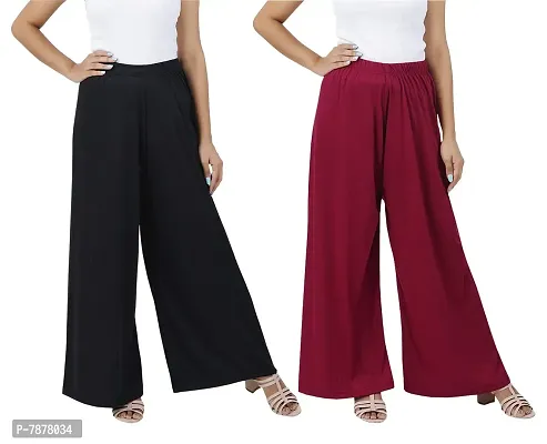 Buy That trendz Womens M to 6XL Cotton Viscose Loose Fit Flared Wide Leg Palazzo Pants for Black Maroon 2 Pack Combo X-Large-thumb0