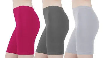 Buy That Trendz Cotton Tight Fit Lycra Stretchable Cycling Shorts Womens | Shorties for Active wear/Exercise/Workout/Yoga/Gym/Cycle/Running Rani Pink Light Skin Khaki Combo Pack of 3-thumb1