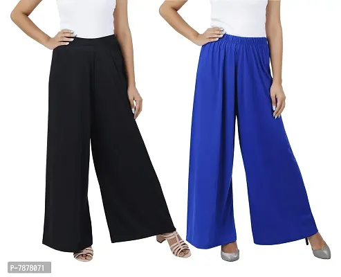 Buy That trendz Womens M to 6XL Cotton Viscose Loose Fit Flared Wide Leg Palazzo Pants for Black Royal Blue 2 Pack Combo XX-Large-thumb0