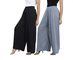 Buy That trendz Womens M to 6XL Cotton Viscose Loose Fit Flared Wide Leg Palazzo Pants for Black Grey 2 Pack Combo X-Large-thumb1