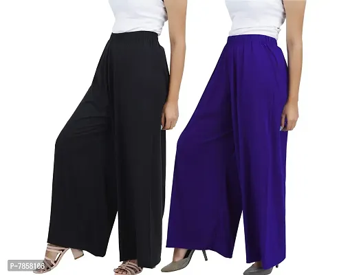Buy That Trendz M to 6XL Cotton Viscose Loose Fit Flared Wide Leg Palazzo Pants for Women Black Purple Combo Pack of 2 Large-thumb2