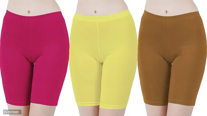Buy That Trendz Cotton Tight Fit Lycra Stretchable Cycling Shorts Womens | Shorties for Active wear/Workout/Yoga/Gym/Cycle/Running Rani Pink Lemon Yellow Khaki Combo Pack of 3 XXX-Large-thumb0