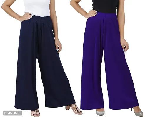 Buy That Trendz M to 6XL Cotton Viscose Loose Fit Flared Wide Leg Palazzo Pants for Women's Navy Purple Combo Pack of 2 Large-thumb0
