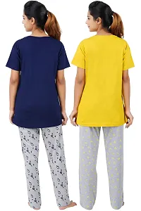 Women's Cotton Printed Top  All Over Print Pyjama Set / Pajama Night Suit Set / Sleep Wear Set / Loungewear Set Smile Yellow Cool Cat Navy Combo Pack Of 2-thumb2