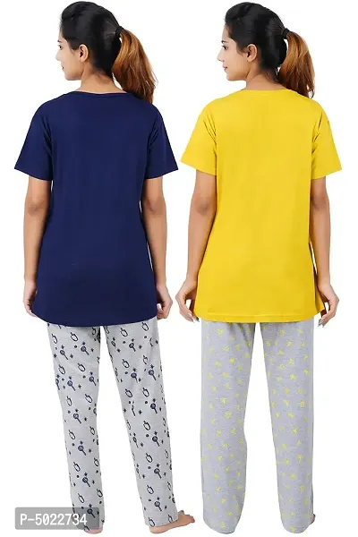 Women's Cotton Printed Top  All Over Print Pyjama Set / Pajama Night Suit Set / Sleep Wear Set / Loungewear Set Smile Yellow Cool Cat Navy Combo Pack Of 2-thumb3