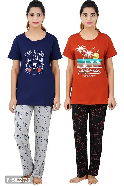 Women's Cotton Printed Top  All Over Print Pyjama Set / Pajama Night Suit Set / Sleep Wear Set / Loungewear Set Cool Cat Navy California Rust Combo Pack Of 2