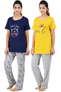 Women's Cotton Printed Top  All Over Print Pyjama Set / Pajama Night Suit Set / Sleep Wear Set / Loungewear Set Smile Yellow Cool Cat Navy Combo Pack Of 2-thumb1