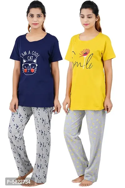 Women's Cotton Printed Top  All Over Print Pyjama Set / Pajama Night Suit Set / Sleep Wear Set / Loungewear Set Smile Yellow Cool Cat Navy Combo Pack Of 2-thumb2