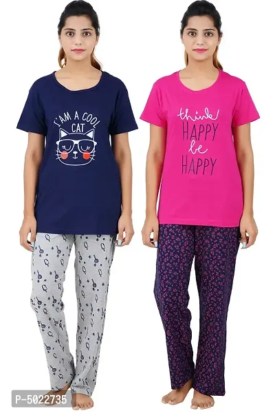 Women's Cotton Printed Top  All Over Print Pyjama Set / Pajama Night Suit Set / Sleep Wear Set / Loungewear Set Think Happy Rani Pink Cool Cat Navy Combo Pack Of 2