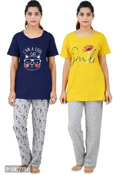 Women's Cotton Printed Top  All Over Print Pyjama Set / Pajama Night Suit Set / Sleep Wear Set / Loungewear Set Smile Yellow Cool Cat Navy Combo Pack Of 2-thumb0