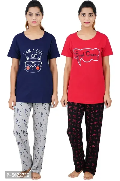 Women's Cotton Printed Top  All Over Print Pyjama Set / Pajama Night Suit Set / Sleep Wear Set / Loungewear Set Sweet Dreams Red Cool Cat Navy Combo Pack Of 2