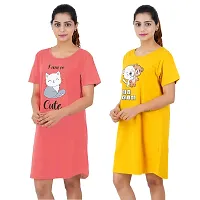 Printed Cotton Short Night Dress For Women 2 Pieces Combo I Am So Cute Tomato Red Be Kind Yellow-thumb1