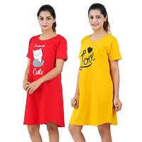 Printed Cotton Short Sleeves I am So Cute Red Love Yellow Night Dress For Women ( Combo )-thumb1