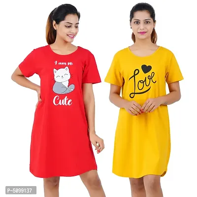Printed Cotton Short Sleeves I am So Cute Red Love Yellow Night Dress For Women ( Combo )