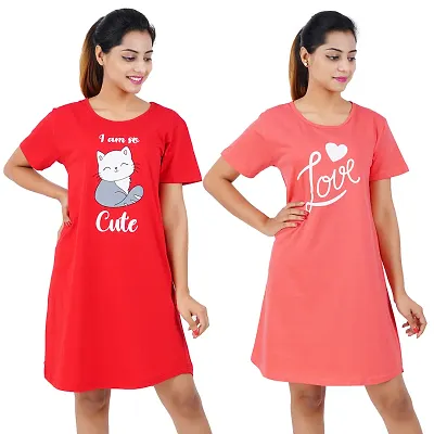 Printed Cotton Short Sleeves I am So Cute Red Love Tomato Red Night Dress For Women ( Combo )