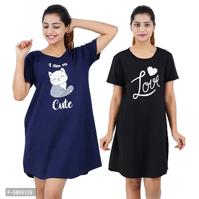 Printed Cotton Short Sleeves I am So Cute Navy Love Black Night Dress For Women ( Combo )