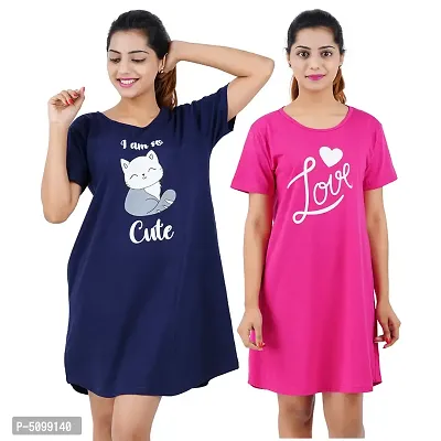 Printed Cotton Short Sleeves I am So Cute Navy Love Rani Pink Night Dress For Women ( Combo )