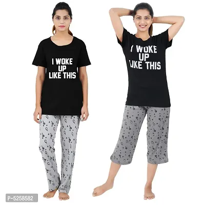 Stylish Black Cotton Printed Night Top Pyjama with Top Capri Set For Women- Set Of 2-thumb0