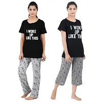 Stylish Black Cotton Printed Night Top Pyjama with Top Capri Set For Women- Set Of 2-thumb1