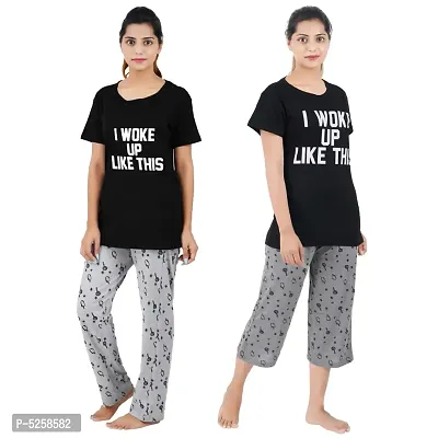 Stylish Black Cotton Printed Night Top Pyjama with Top Capri Set For Women- Set Of 2-thumb2