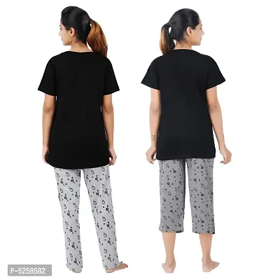 Stylish Black Cotton Printed Night Top Pyjama with Top Capri Set For Women- Set Of 2-thumb3