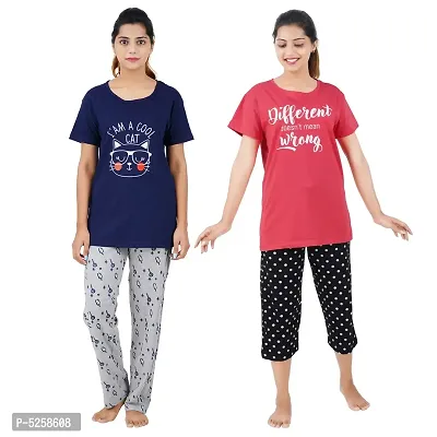 Stylish Cotton Printed Night Top Pyjama with Top Capri Set For Women- Set Of 2