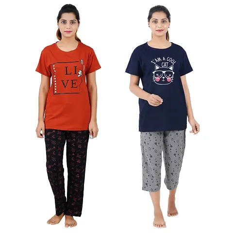 Trendy  Cotton Top with Bottom Lounge set Combo of 2