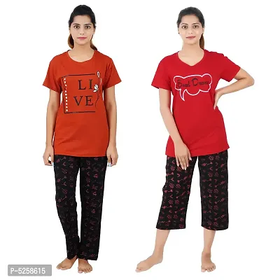 Stylish Red Cotton Printed Night Top Pyjama with Top Capri Set For Women- Set Of 2