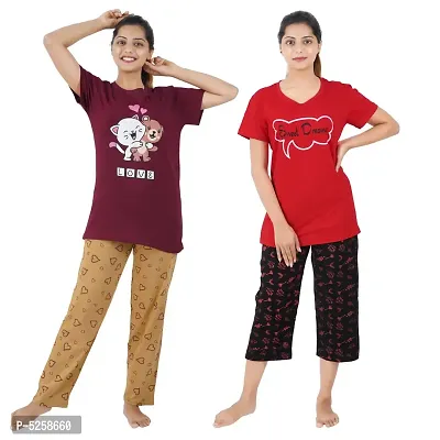 Stylish Cotton Printed Night Top Pyjama with Top Capri Set For Women- Set Of 2