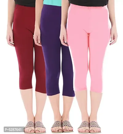 Trendy Cotton Blend Multicolored Solid Skinny Fit 3/4 Capris Leggings For Women ( Pack 0f 3 )-thumb0