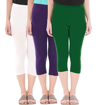 Trendy Cotton Blend Multicolored Solid Skinny Fit 3/4 Capris Leggings For Women (Pack 0f 3)