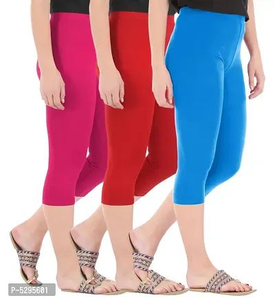 Elegant Cotton Blend Solid Skinny Fit 3/4 Capris Leggings For Women-Pack of 3-thumb2
