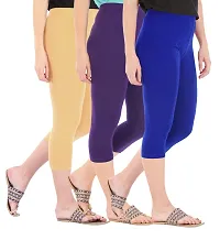 Elegant Cotton Blend Solid Skinny Fit 3/4 Capris Leggings For Women-Pack of 3-thumb1