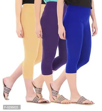 Elegant Cotton Blend Solid Skinny Fit 3/4 Capris Leggings For Women-Pack of 3-thumb2