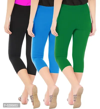 Elegant Cotton Blend Solid Skinny Fit 3/4 Capris Leggings For Women-Pack of 3-thumb3