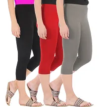 Elegant Cotton Blend Solid Skinny Fit 3/4 Capris Leggings For Women-Pack of 3-thumb1