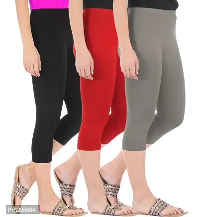 Elegant Cotton Blend Solid Skinny Fit 3/4 Capris Leggings For Women-Pack of 3-thumb2