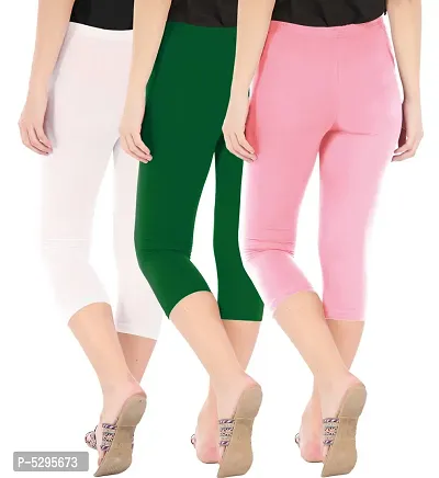 Elegant Cotton Blend Solid Skinny Fit 3/4 Capris Leggings For Women-Pack of 3-thumb3