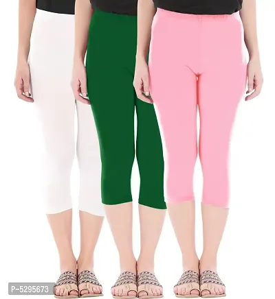 Elegant Cotton Blend Solid Skinny Fit 3/4 Capris Leggings For Women-Pack of 3