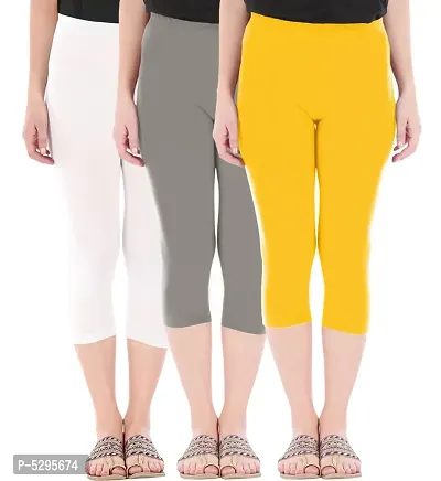Elegant Cotton Blend Solid Skinny Fit 3/4 Capris Leggings For Women-Pack of 3