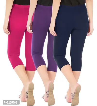 Elegant Cotton Blend Solid Skinny Fit 3/4 Capris Leggings For Women-Pack of 3-thumb3